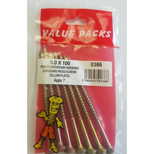 6.0 X 100 Pozi Csk Chipboard Screws Yellow 7 Per Pack 6.0 X 100 Pozi Csk Chipboard Screws Yellow 7 Per Pack